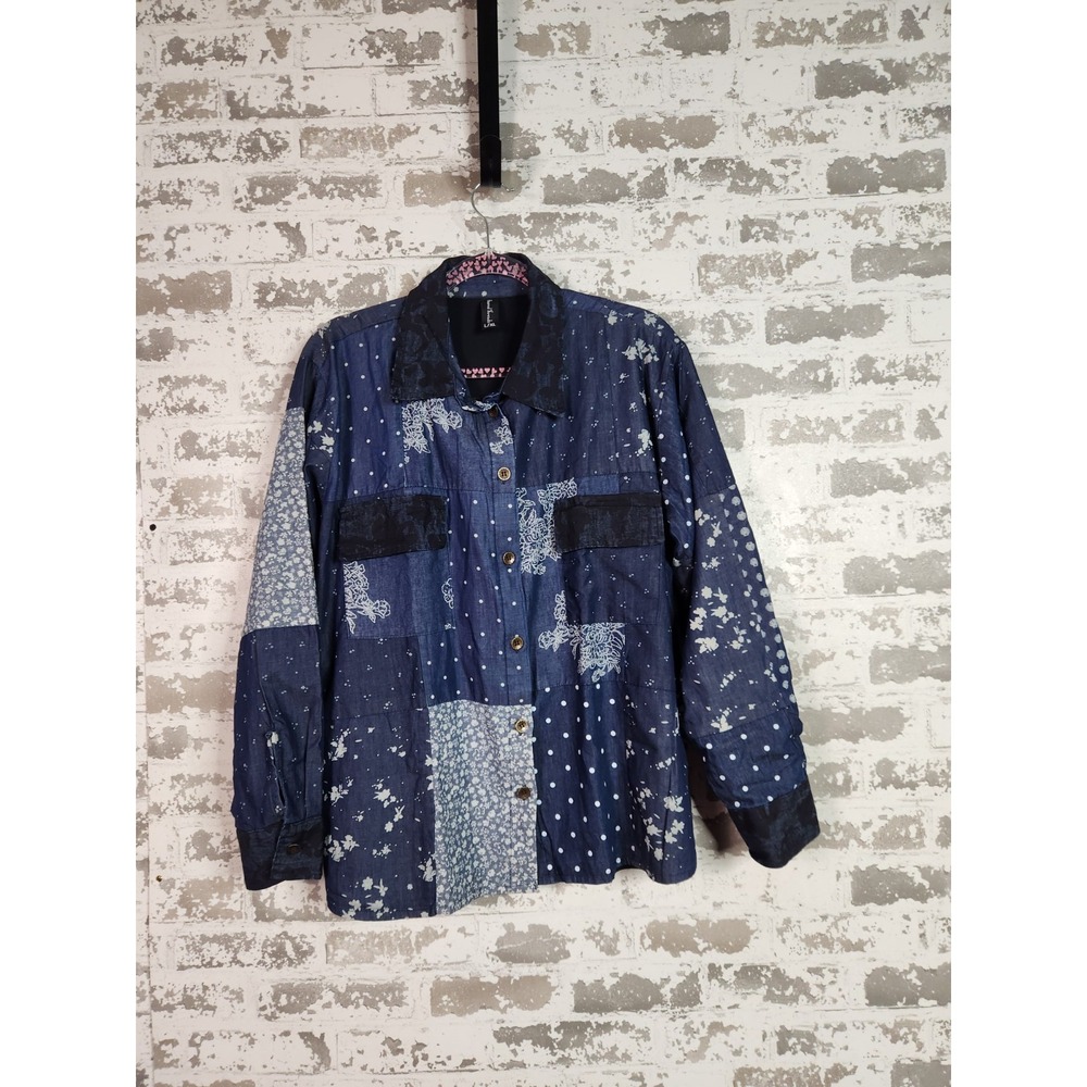 Sacred Threads Patchwork Denim Shacket Size L/XL Blue Geometric Hippie Festival - Picture 1 of 11